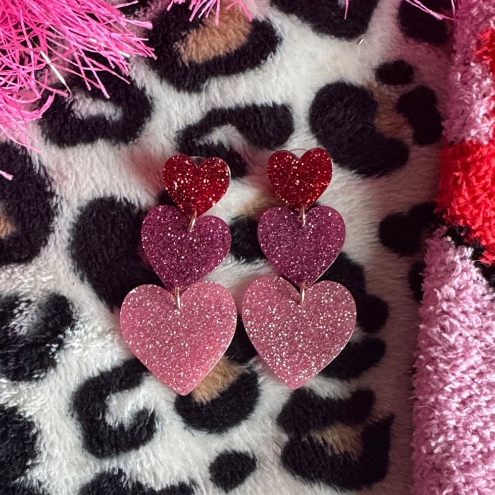 Valentines Day Glitter Heart Drop Earrings